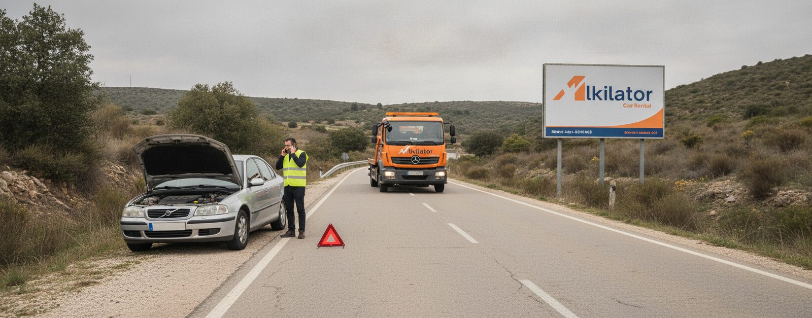 Conductor con chaleco reflectante llamando por teléfono junto a un coche de alquiler averiado en el arcén mientras se acerca la grúa