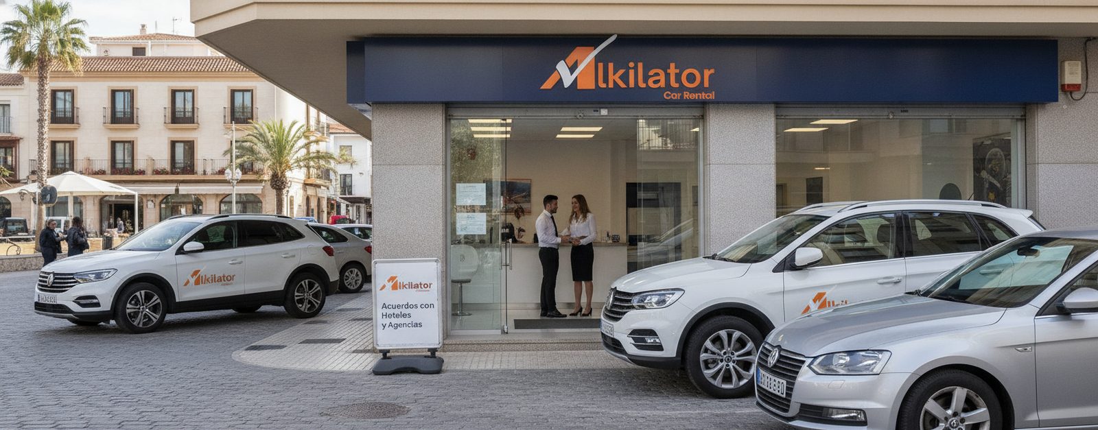 Responsable de una oficina de alquiler de coches de Alkilator cerrando un acuerdo de colaboración con un cliente profesional en la puerta del local