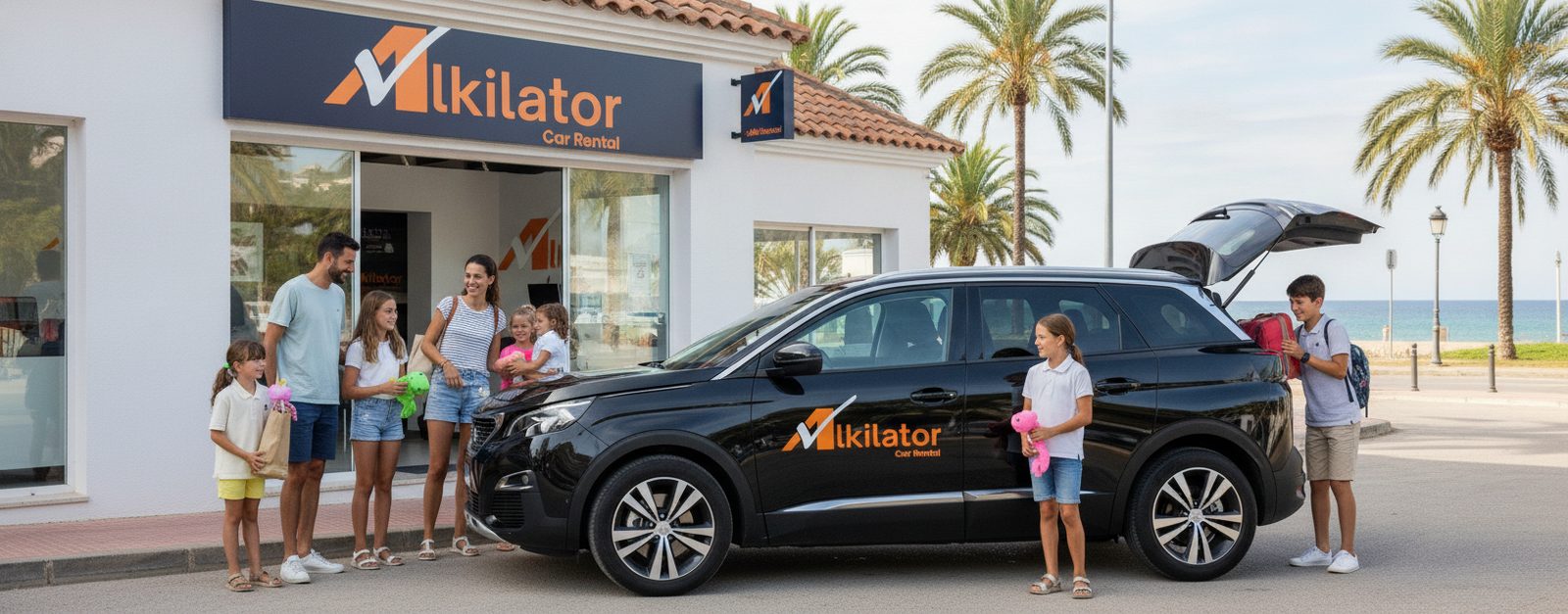 Flota de coches de alquiler aparcados en la costa española, incluyendo modelos de mayor tamaño para familias