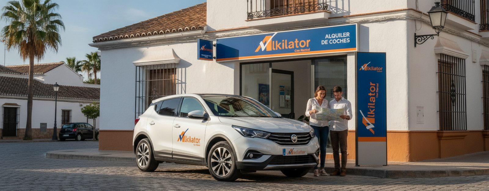 Persona recogiendo un coche de alquiler en una ciudad de España