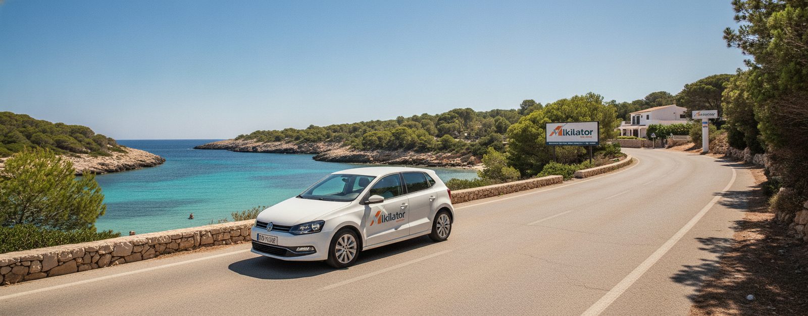 Coche de alquiler recorriendo una carretera costera de Ibiza en verano con calas y mar turquesa al fondo, ilustrando cómo alquilar coche en Ibiza en temporada alta