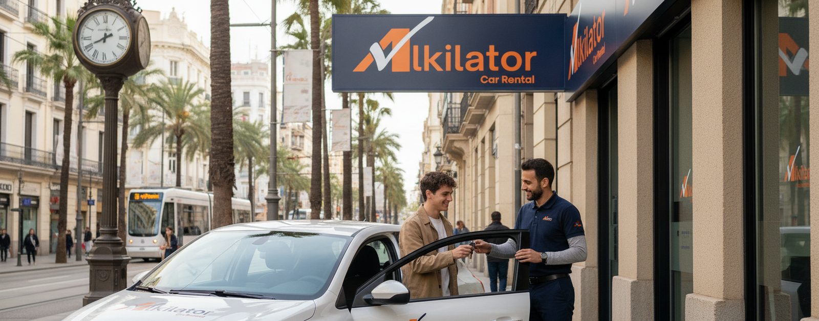 Cliente recogiendo las llaves de un coche de alquiler por horas en una oficina urbana de Alkilator