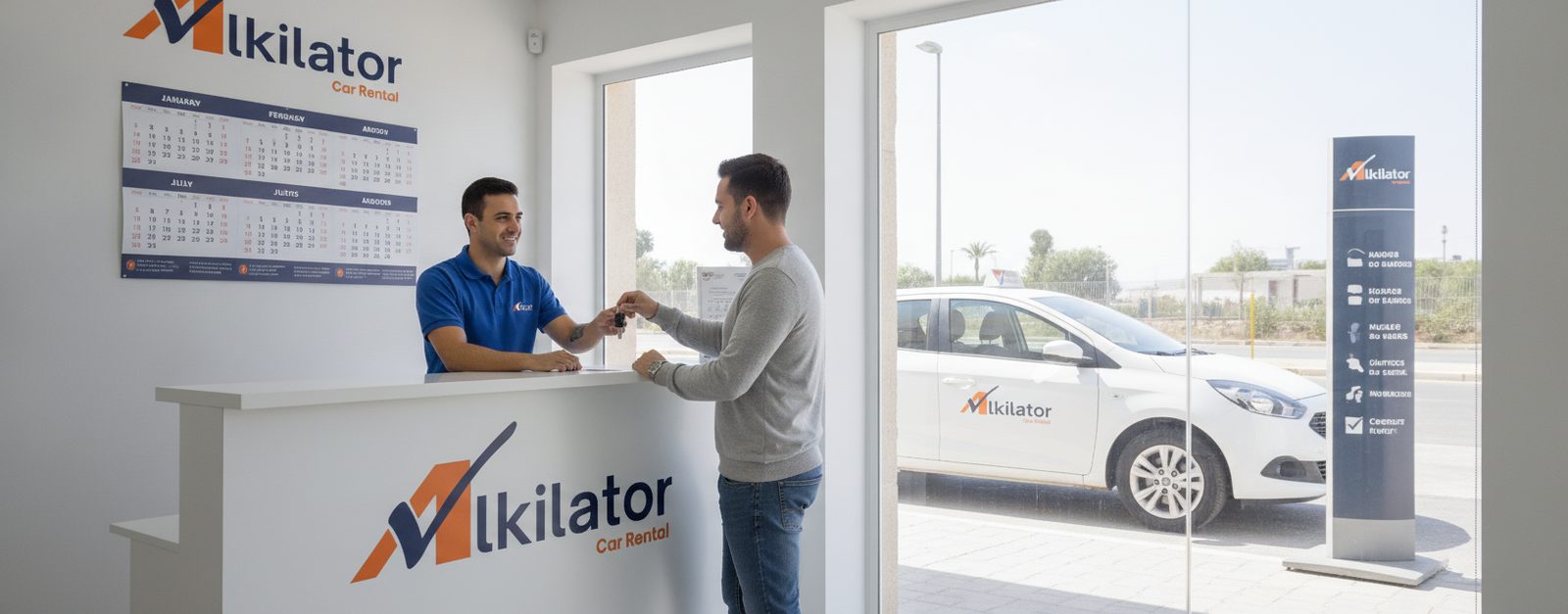 Cliente recogiendo las llaves de un coche de alquiler por meses de Alkilator en el mostrador de una oficina, con un calendario de varios meses en la pared y el coche aparcado tras la cristalera