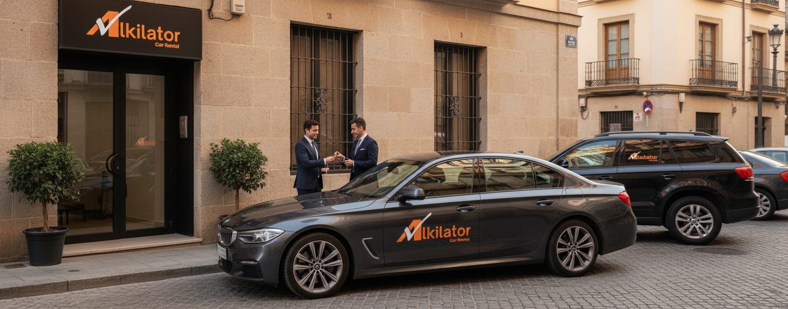 Cliente recogiendo un coche premium de alquiler de Alkilator, una berlina de gama alta, frente a la oficina en una calle española
