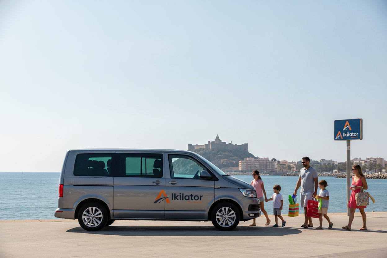 Coche de alquiler de Alkilator aparcado junto al paseo marítimo del Puerto de Sagunto, con el castillo de Sagunto al fondo: alquilar un coche en Sagunto