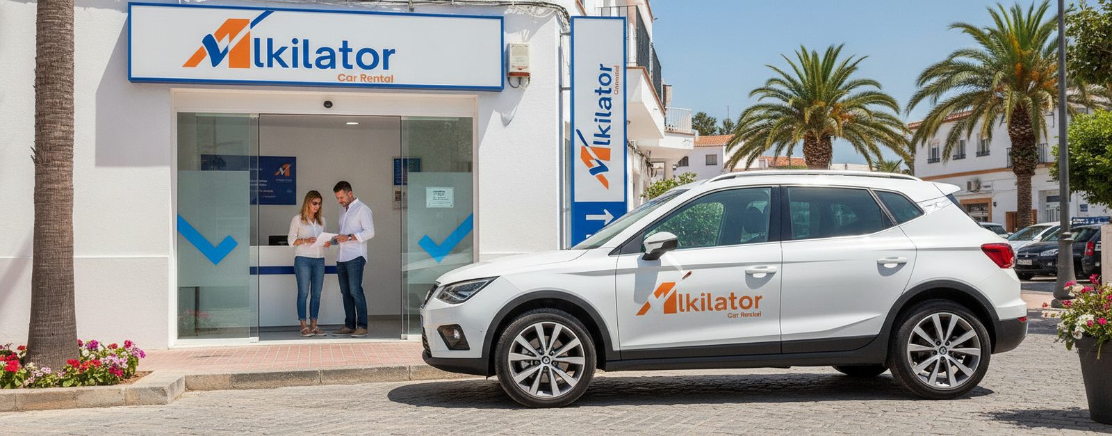 Persona presentando su documentación en el mostrador de una empresa de alquiler de coches