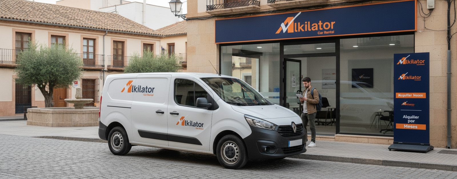 Furgoneta de alquiler aparcada frente a una nave logística para reparto y distribución