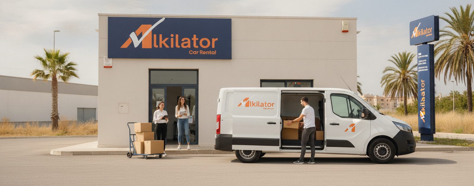 Furgoneta de renting de Alkilator cargando paquetes junto a una oficina de la red