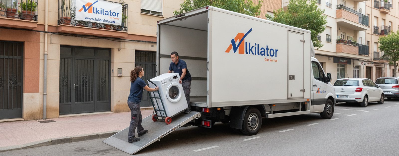 Furgoneta de alquiler de Alkilator con la plataforma trasera bajada al suelo mientras dos personas suben una lavadora con carretilla en una calle española