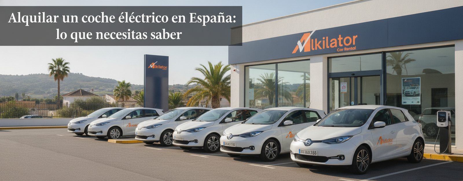 Flota de coches de alquiler eléctricos e híbridos en zona costera española bajo un cielo despejado