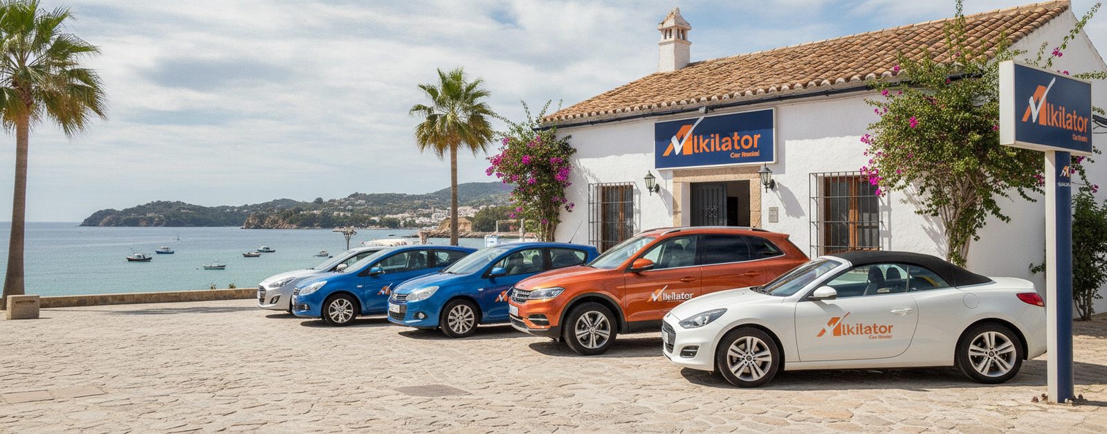 Coche de alquiler aparcado en una costa española despejada en temporada baja