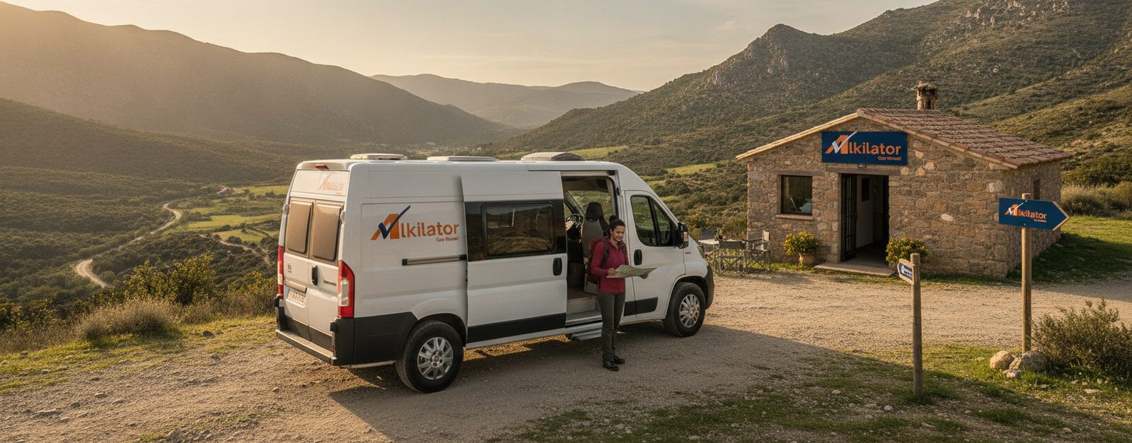 Furgoneta de alquiler en un paisaje natural español lista para una escapada de camping