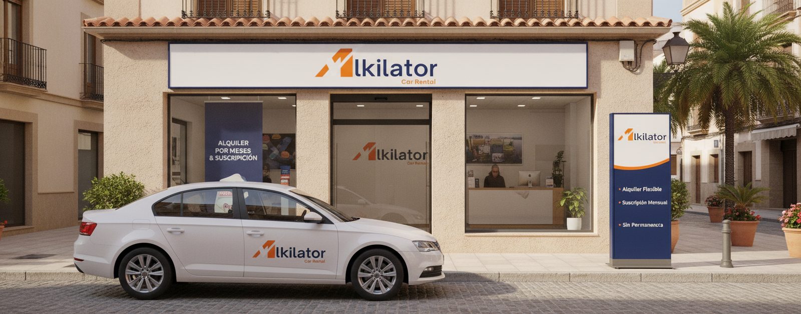 Coche de alquiler de Alkilator entregado en un contrato de alquiler por meses frente a una oficina