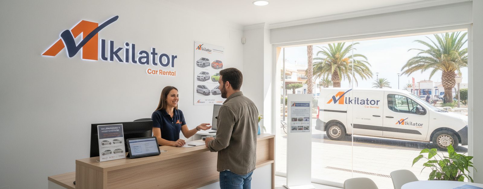 Persona gestionando valoraciones online de una empresa de alquiler de coches desde su ordenador en una oficina