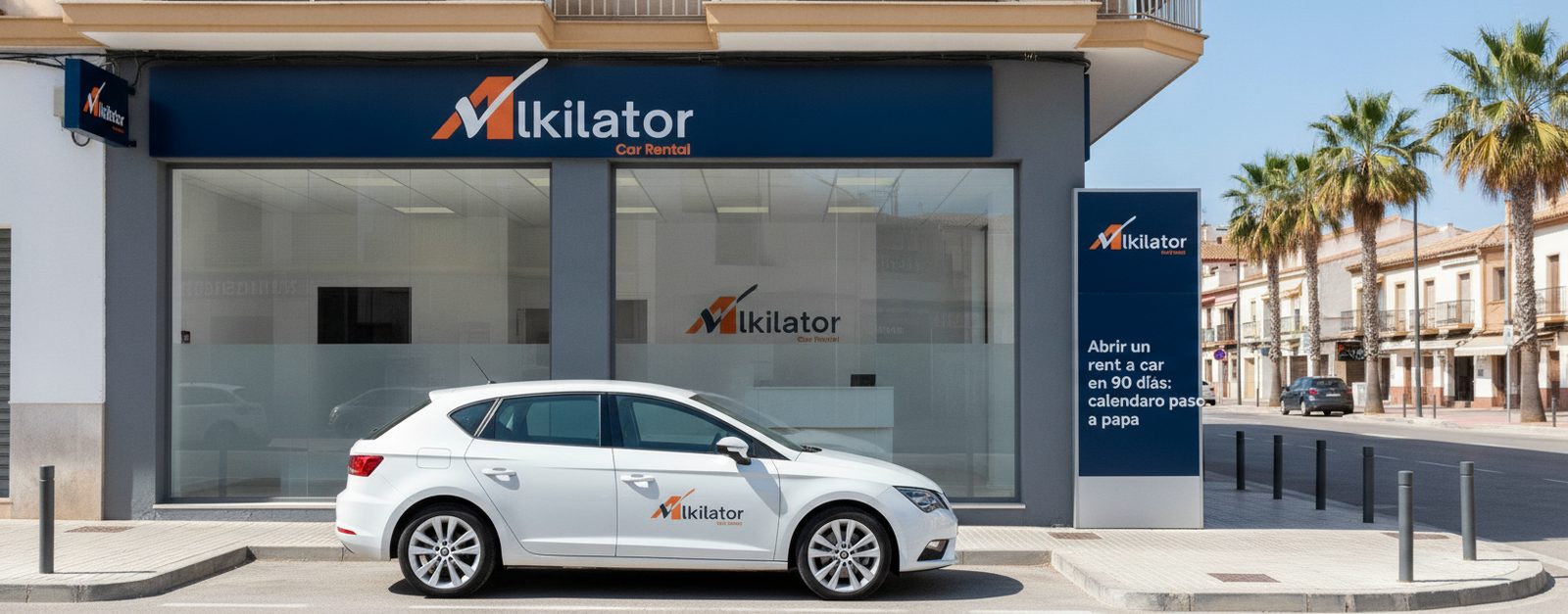 Mostrador de una oficina de alquiler de coches de Alkilator lista para abrir al público