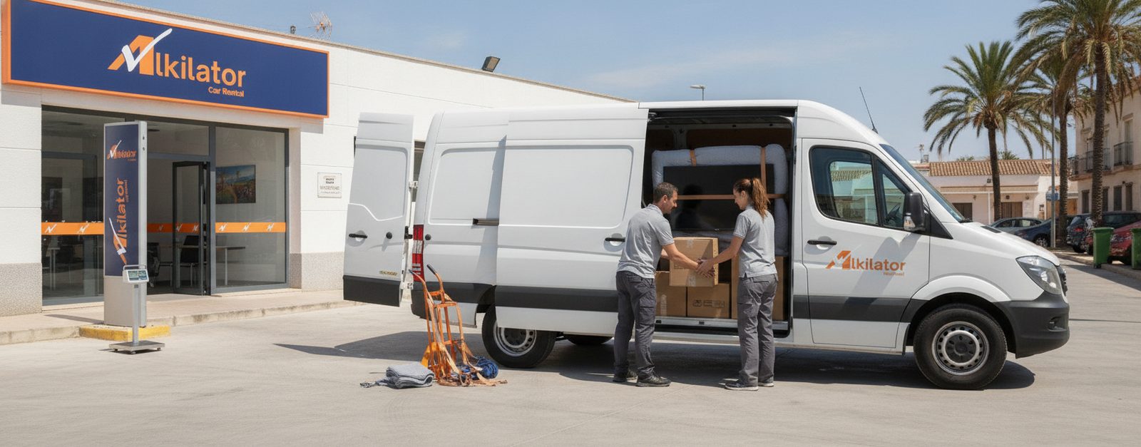 Interior de furgoneta de alquiler cargada con cajas correctamente distribuidas en una nave logística