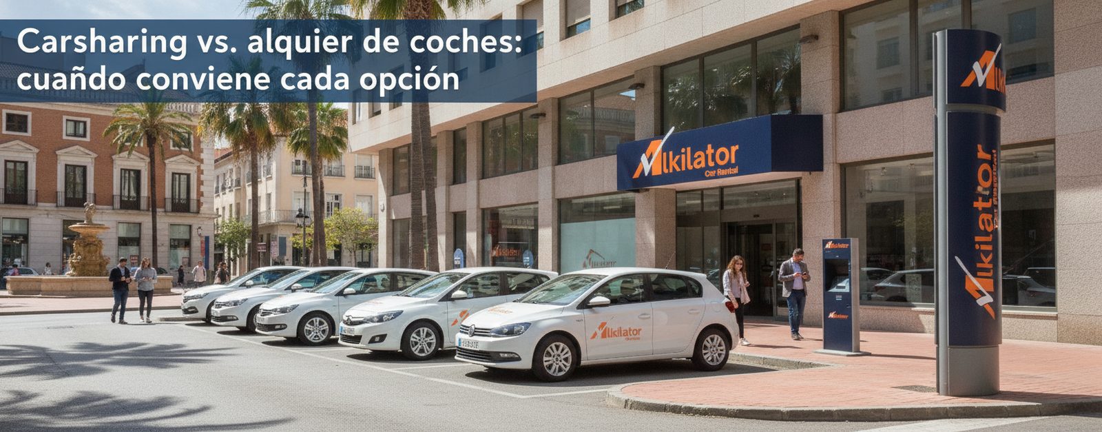 Coches de alquiler aparcados en una calle de ciudad española, comparativa entre modelos urbanos
