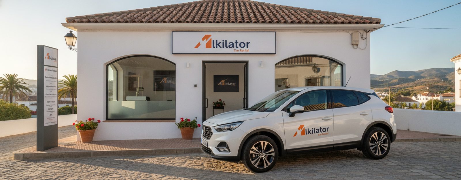 Varios coches de alquiler de distintas categorías aparcados en fila en una calle de ciudad española