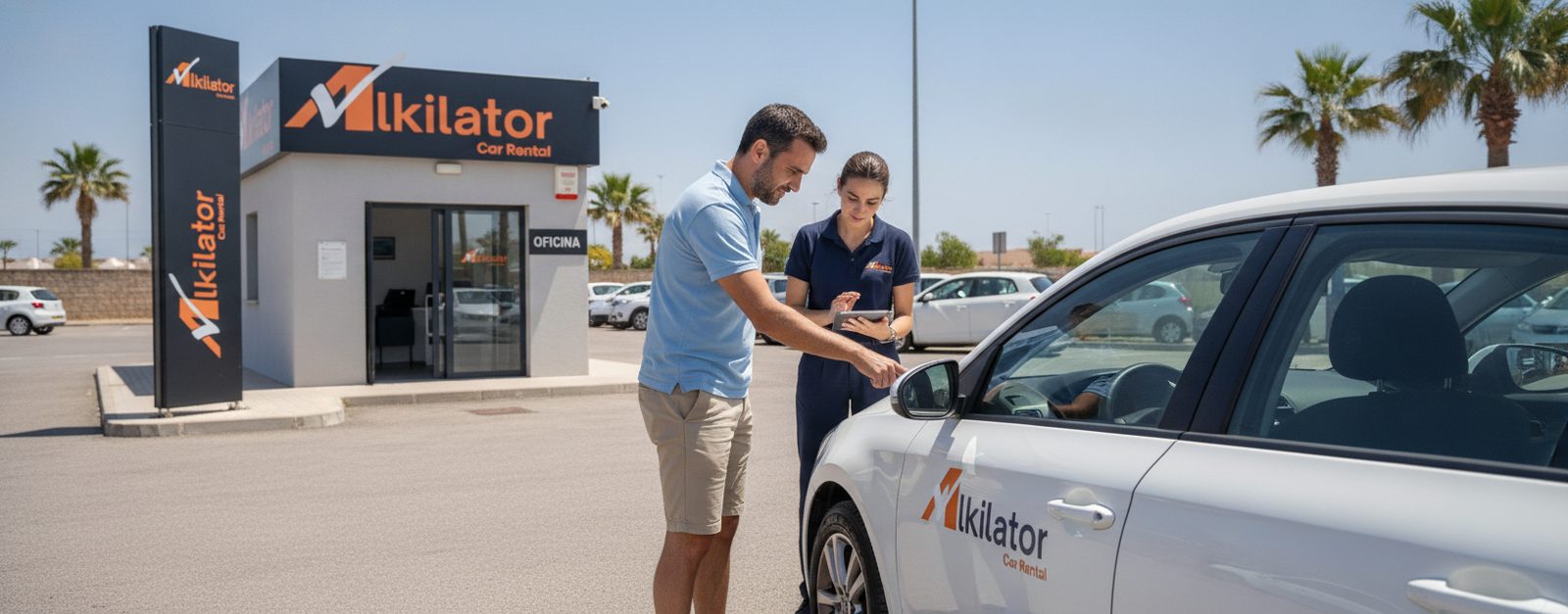 Cliente y agente revisando el exterior de un coche de alquiler en el momento de la devolución en un aparcamiento soleado en España