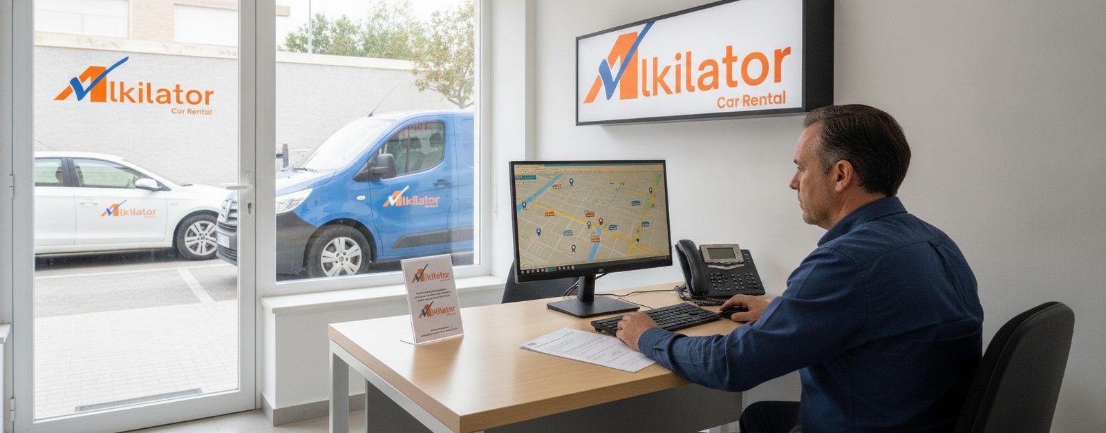 Responsable de una oficina de rent a car de Alkilator revisando en el ordenador la localización GPS de un coche de alquiler no devuelto