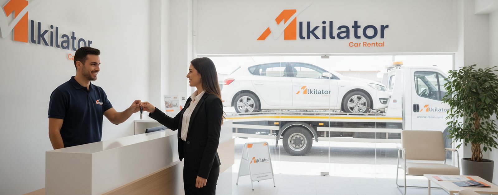 Empleado de un rent a car de Alkilator entregando a una clienta de empresa las llaves de un vehículo de sustitución, con el coche averiado en la grúa al fondo