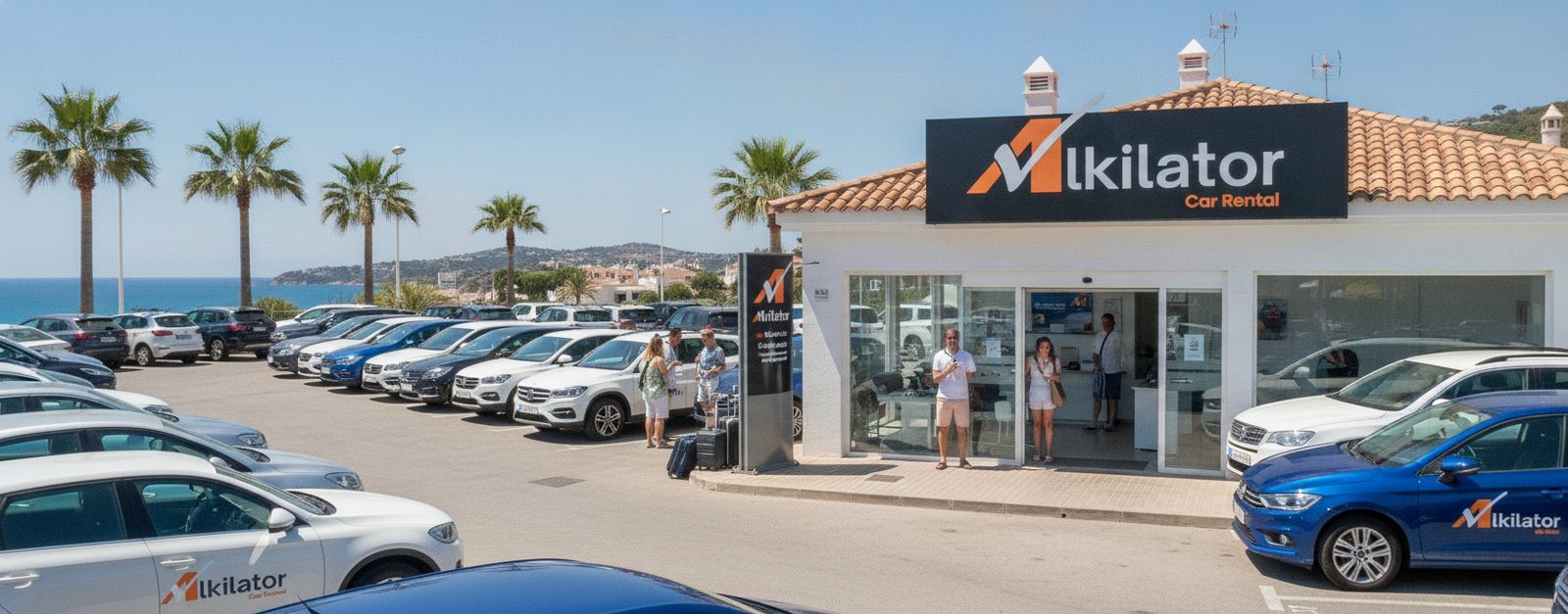 Coche de alquiler en una carretera costera española con el mar al fondo en verano