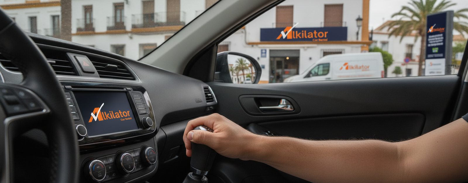 Interior de un coche automático de alquiler con la mano del conductor sobre la palanca de cambios, aparcado en una calle española