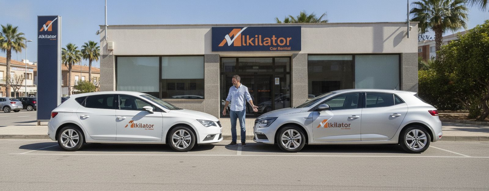 Cliente de Alkilator comparando dos coches de alquiler de la misma categoría pero distinto modelo, aparcados frente a una oficina de alquiler de coches Alkilator