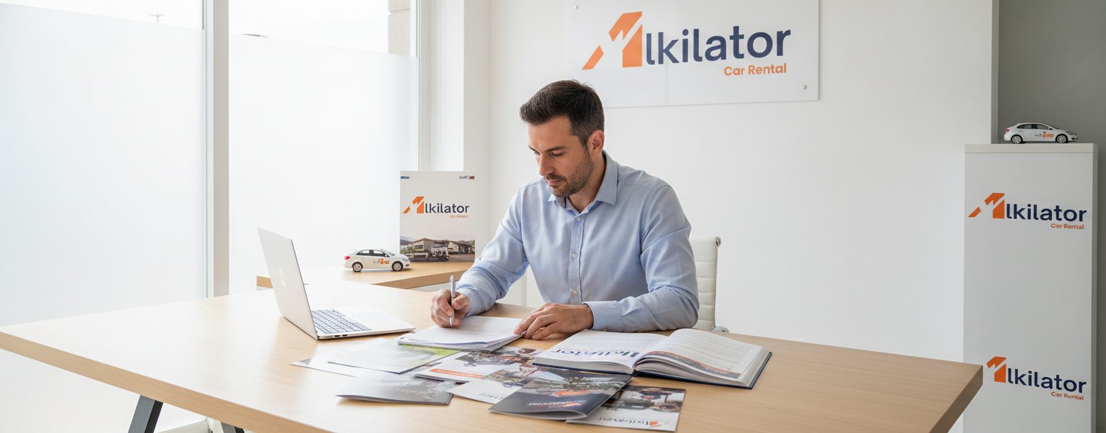 Emprendedor comparando documentos de varias franquicias de alquiler de coches sobre una mesa de oficina