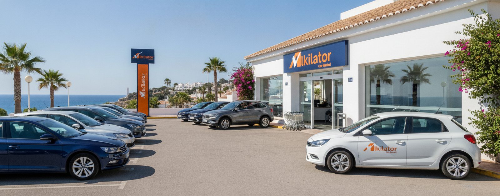 Coches de alquiler de Alkilator aparcados en una oficina, ejemplo de flota cuya disponibilidad determina el precio del alquiler