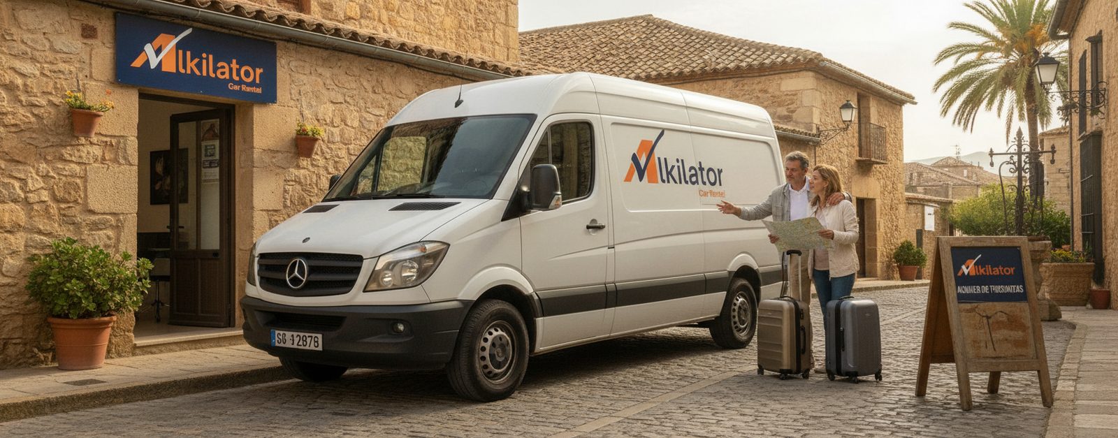 Furgoneta de alquiler blanca circulando por una calle de ciudad española durante el día