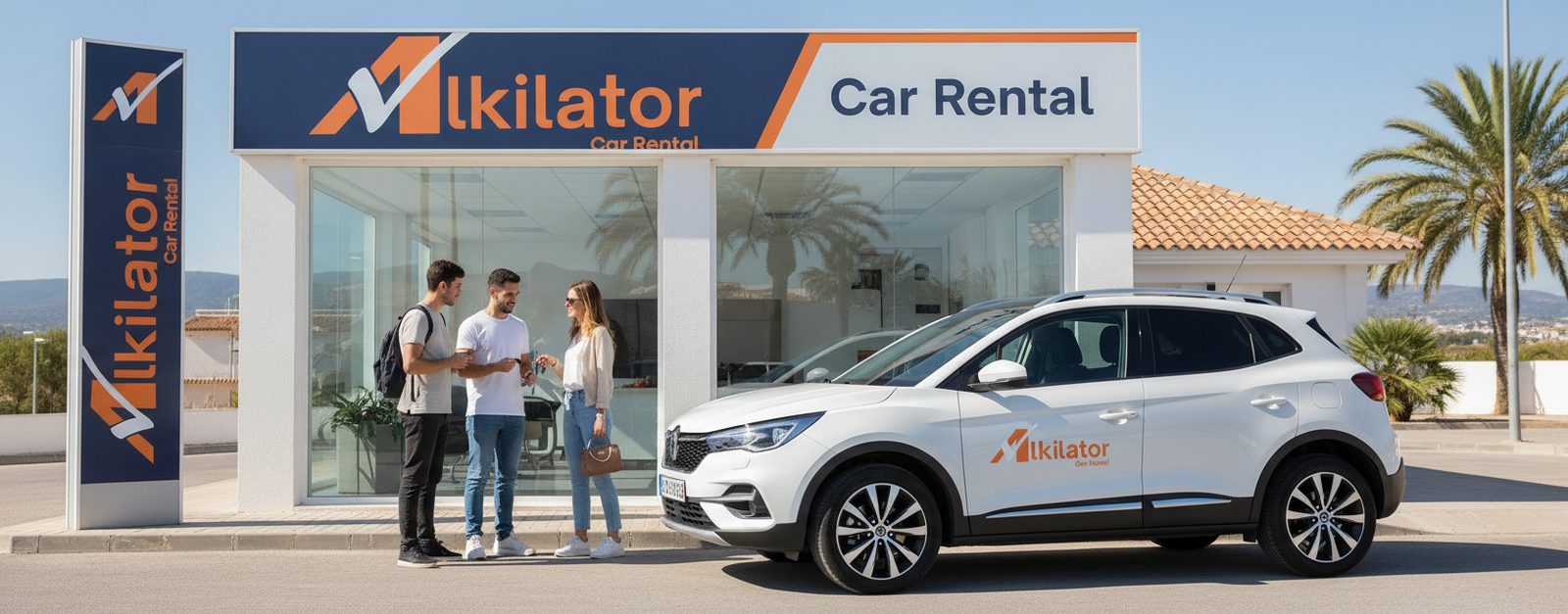 Dos personas junto a un coche de alquiler revisando el contrato de conductor adicional