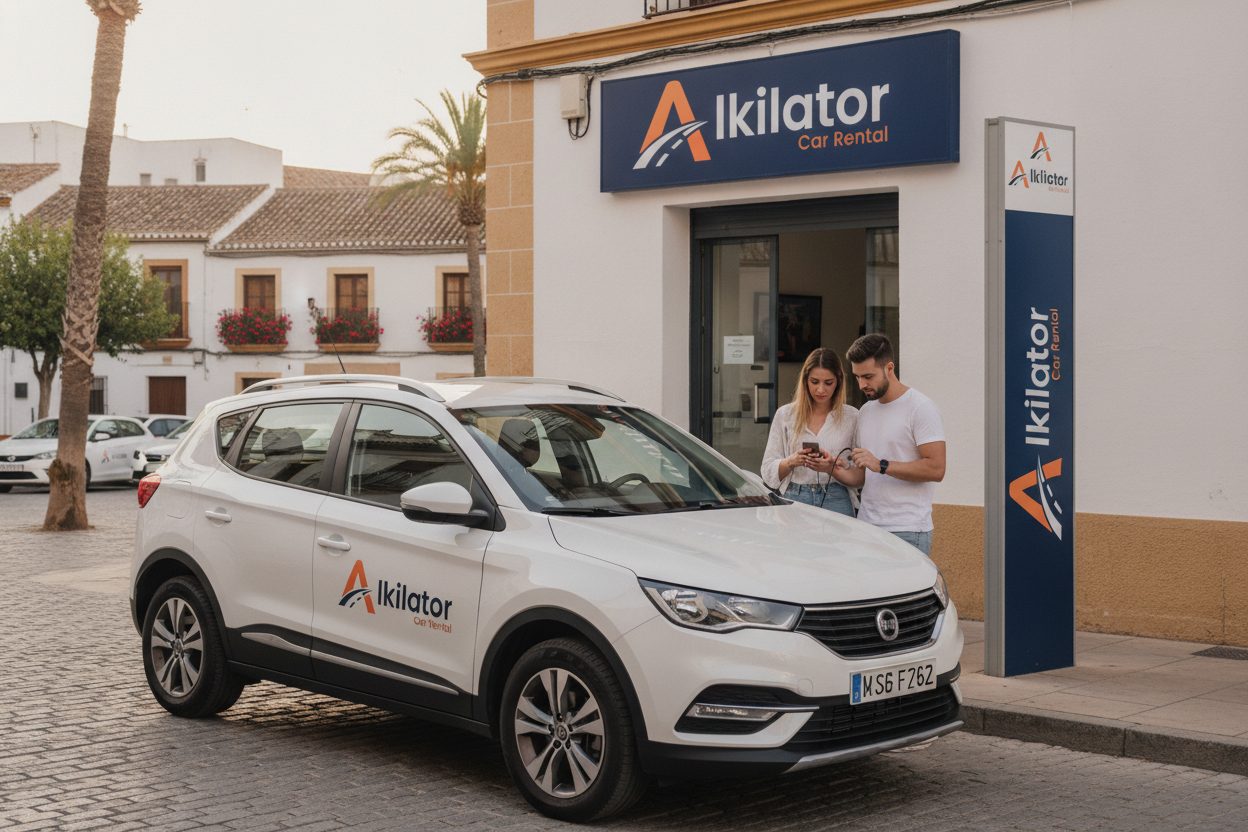 Clientes con el móvil en la mano ante la flota de coches de alquiler de una oficina Alkilator, listos para emparejar el teléfono con el coche