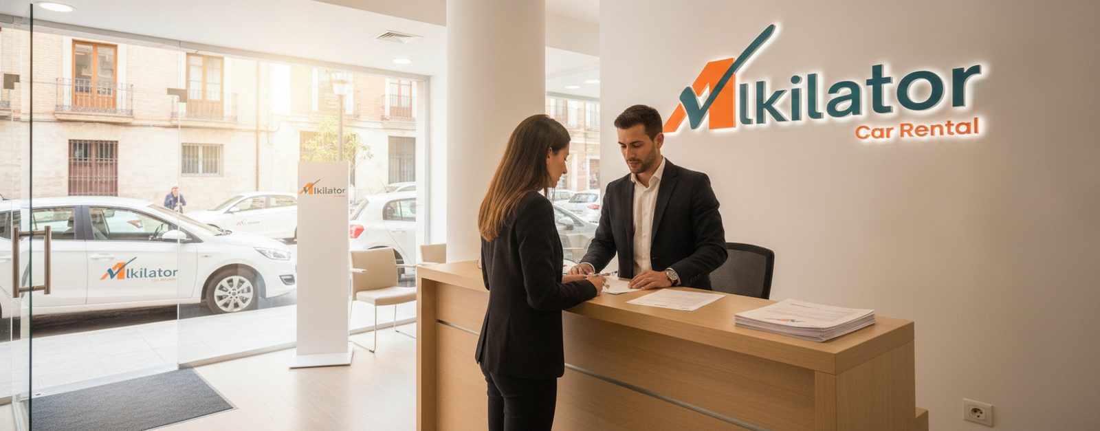 Flota de coches de alquiler aparcados frente a la oficina de un rent a car independiente en España