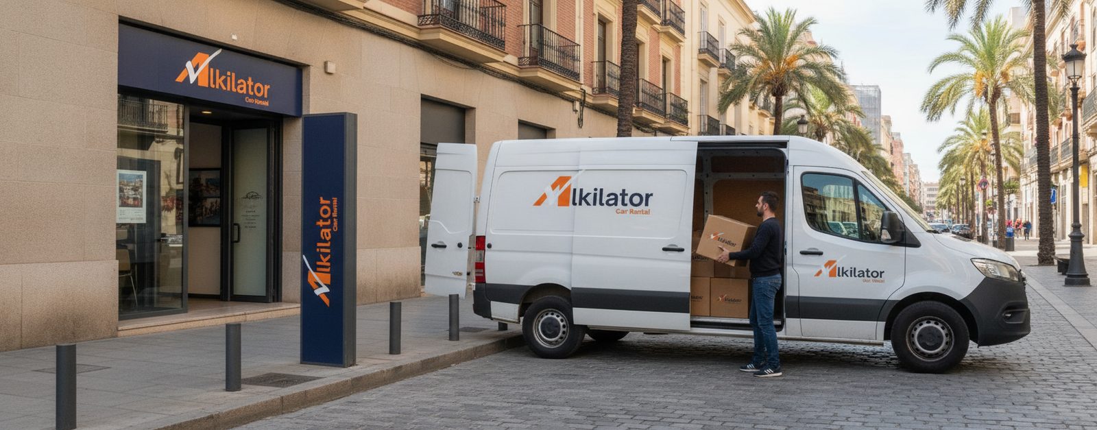 Furgoneta blanca de alquiler aparcada en una calle española mientras una persona carga cajas de mudanza