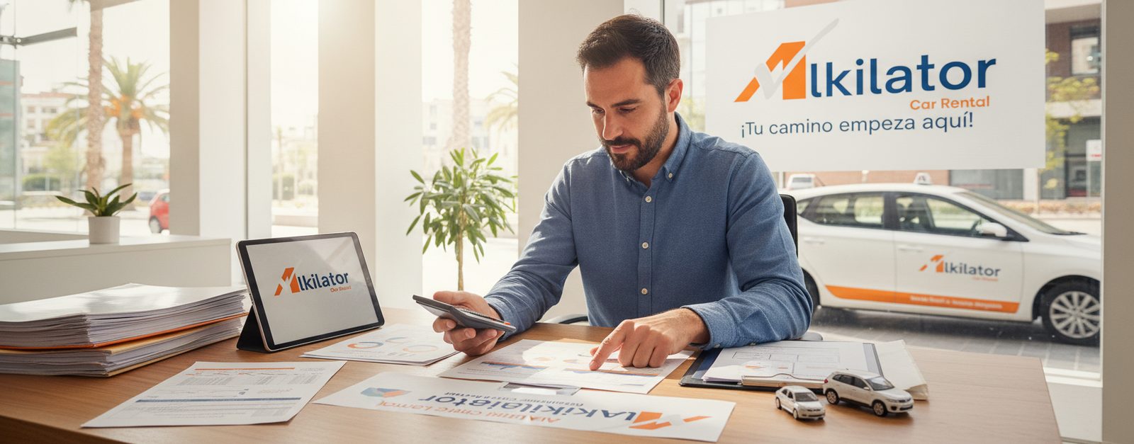 Emprendedor analizando con calculadora y documentos el coste de montar una franquicia de alquiler de coches, con miniaturas de coches sobre la mesa en una oficina luminosa