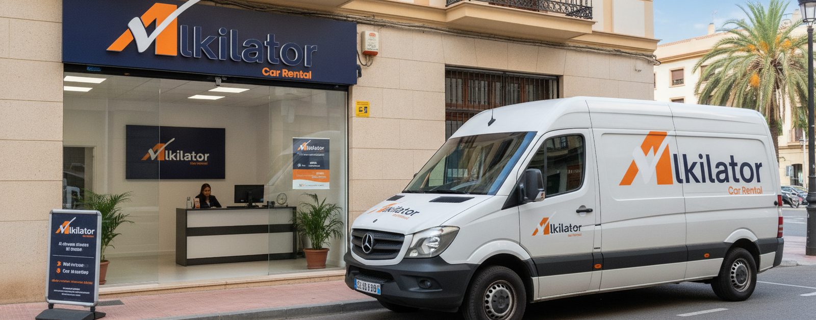 Furgonetas blancas de alquiler de Alkilator aparcadas junto a una nave, ejemplo de la flota inicial al montar una empresa de alquiler de furgonetas