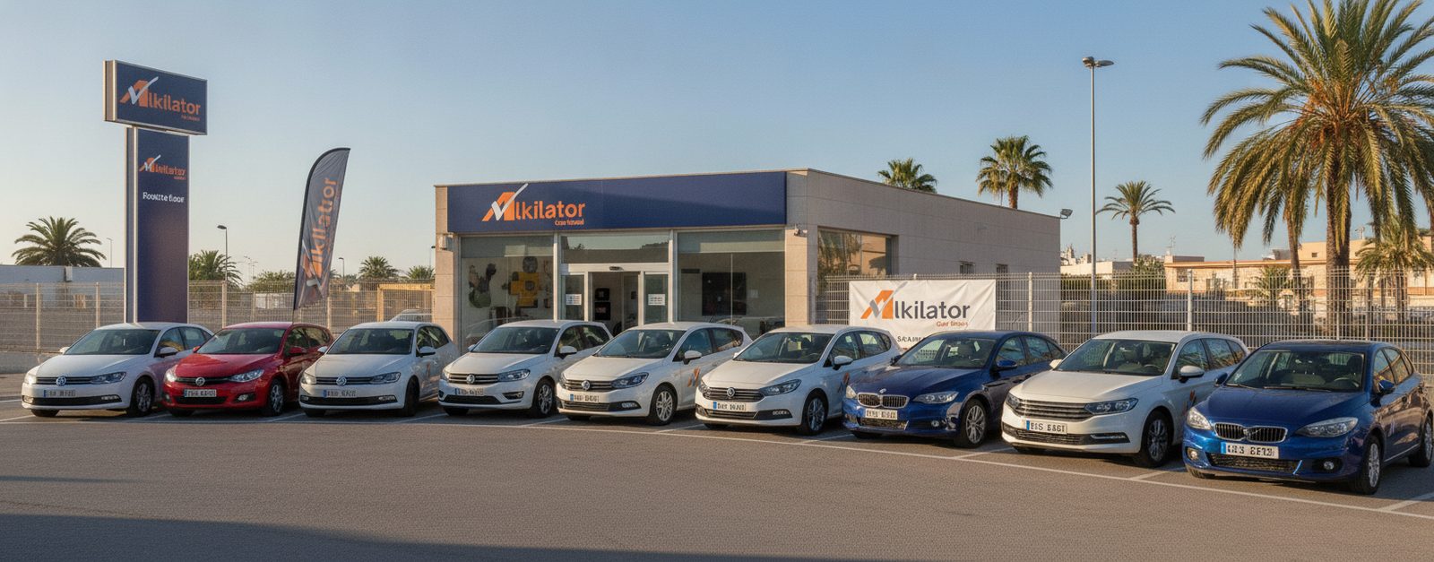 Flota de coches de alquiler aparcados frente a la oficina de un rent a car independiente en España