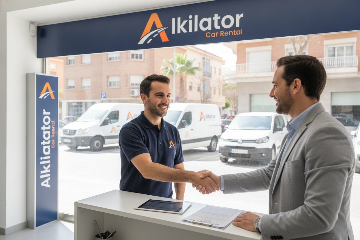 Responsable de un rent a car Alkilator firmando un contrato marco de alquiler de coches con el gerente de una empresa cliente