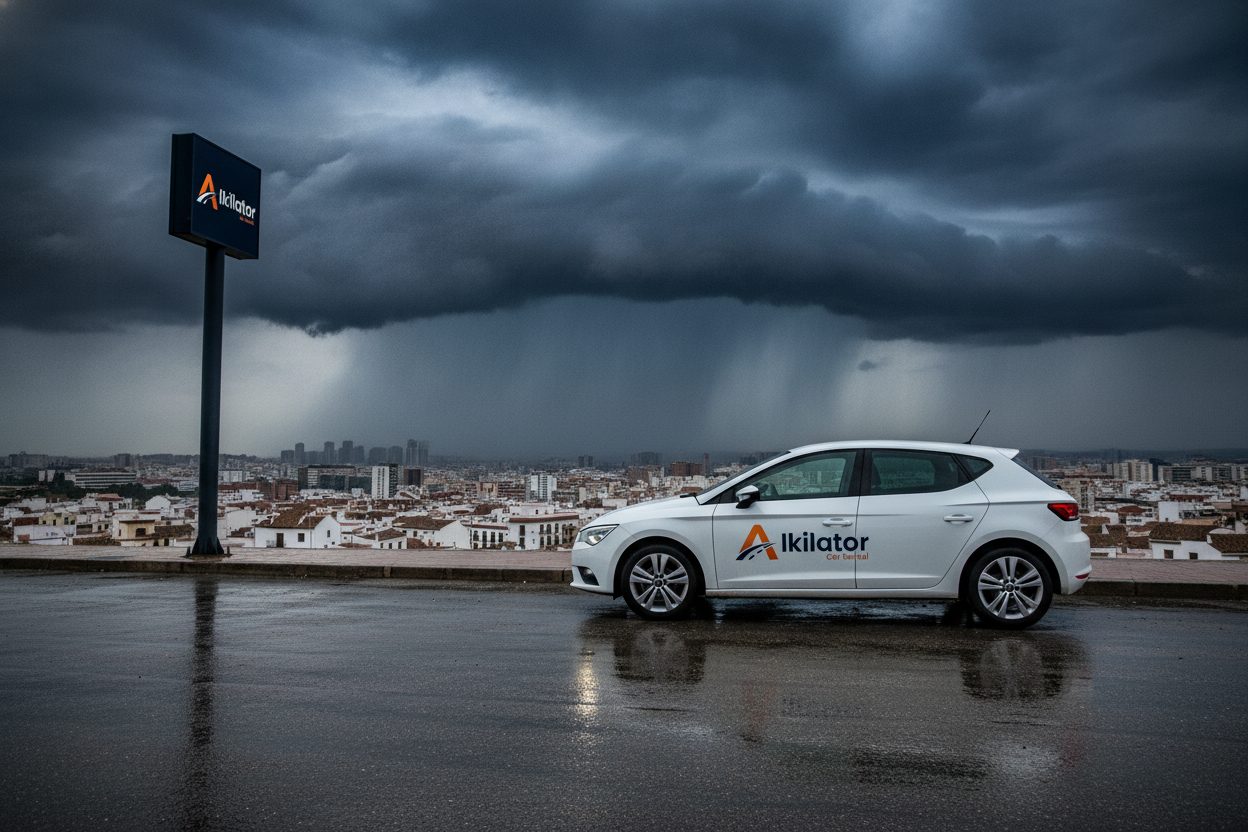 Coche de alquiler de Alkilator aparcado en zona alta bajo un cielo de tormenta durante una alerta meteorológica