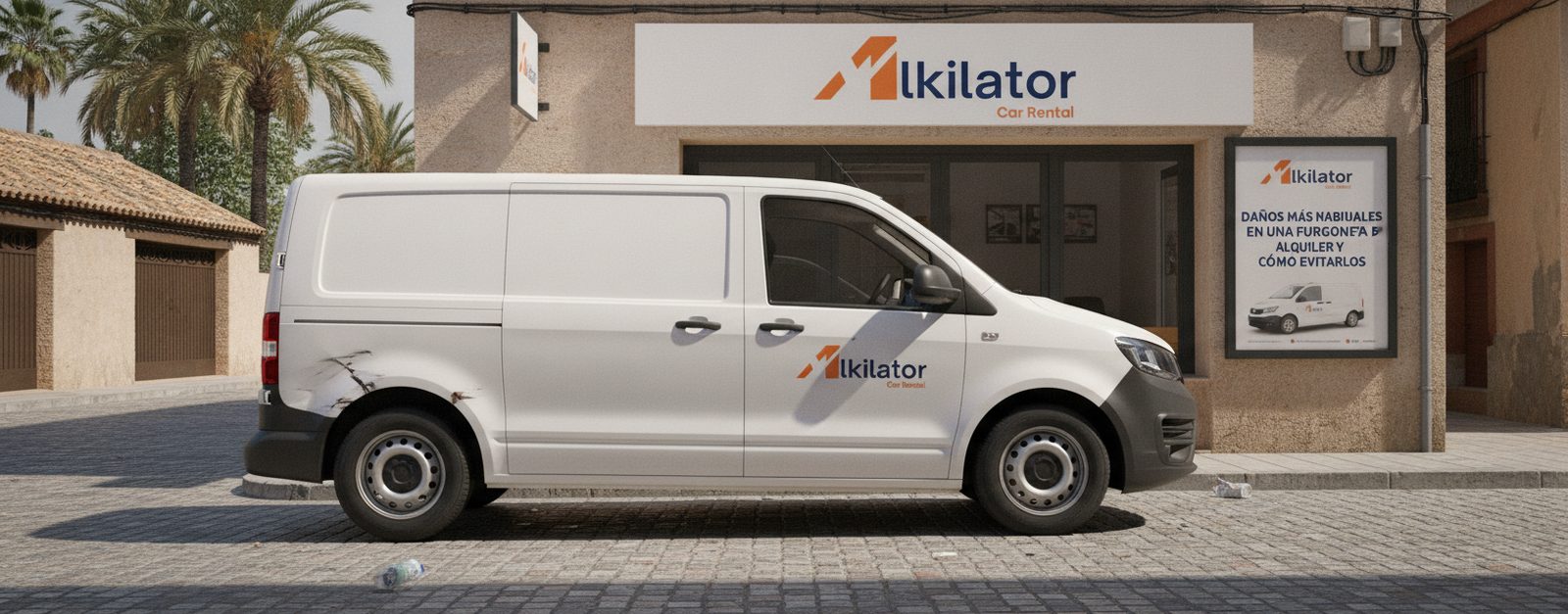 Revisión de la carrocería de una furgoneta de alquiler de Alkilator antes de devolverla, para detectar daños en el portón y los laterales