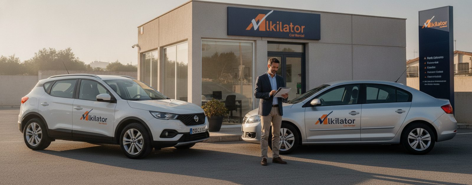 Emprendedor revisando documentos junto a dos coches de alquiler frente a una pequeña oficina de rent a car