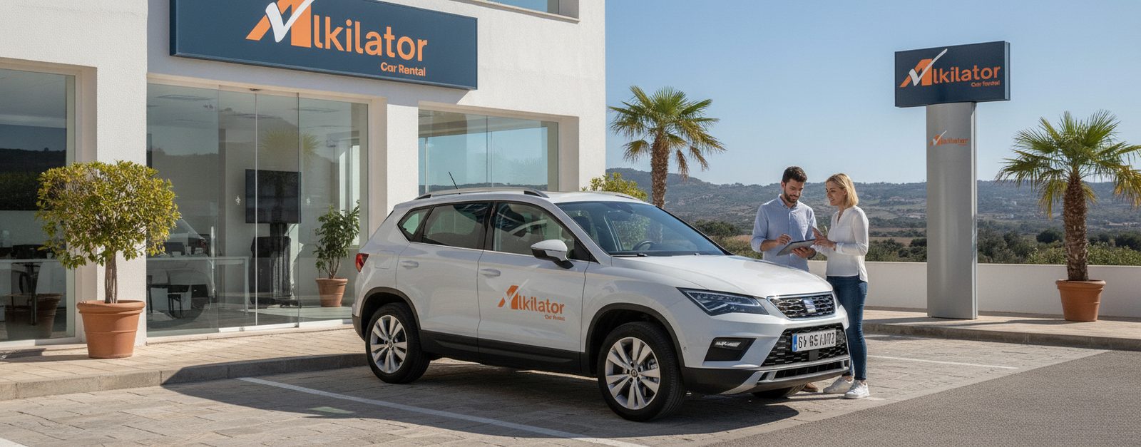 Persona revisando el contrato de alquiler de coche en el mostrador de una oficina con tarjeta de crédito en mano
