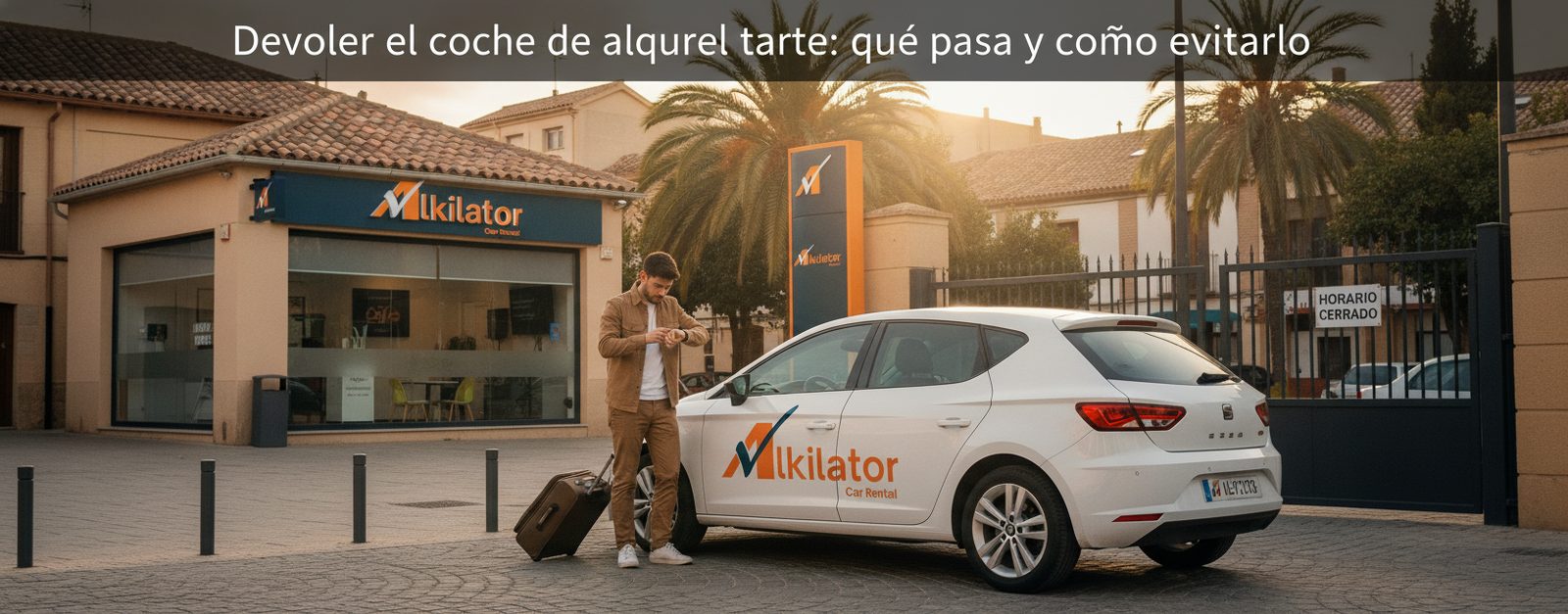 Coche blanco de alquiler de Alkilator aparcado en la puerta de la oficina en el momento de la devolución