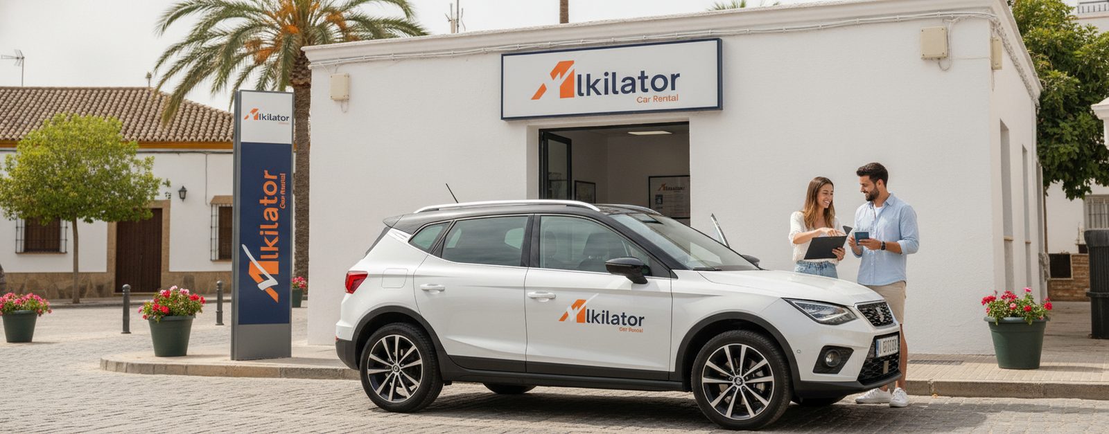 Conductor revisando la documentación de un coche de alquiler de Alkilator antes de salir de la oficina