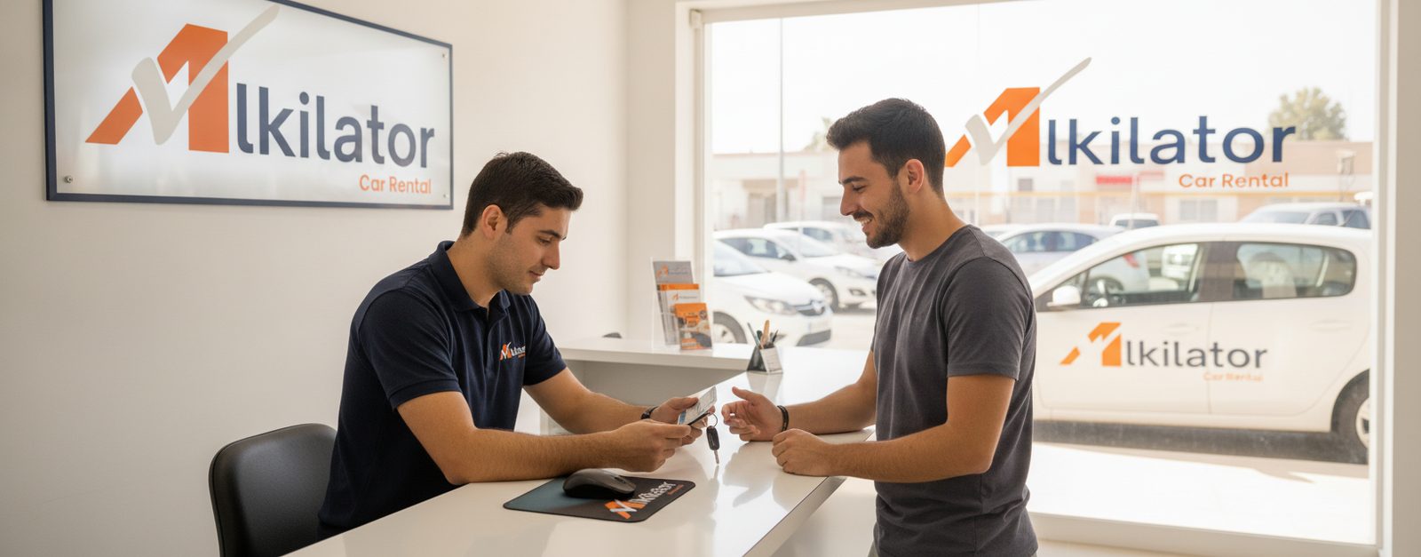 Empleado de una oficina de rent a car Alkilator comprobando el carné de conducir de un conductor joven antes de entregarle un coche de alquiler