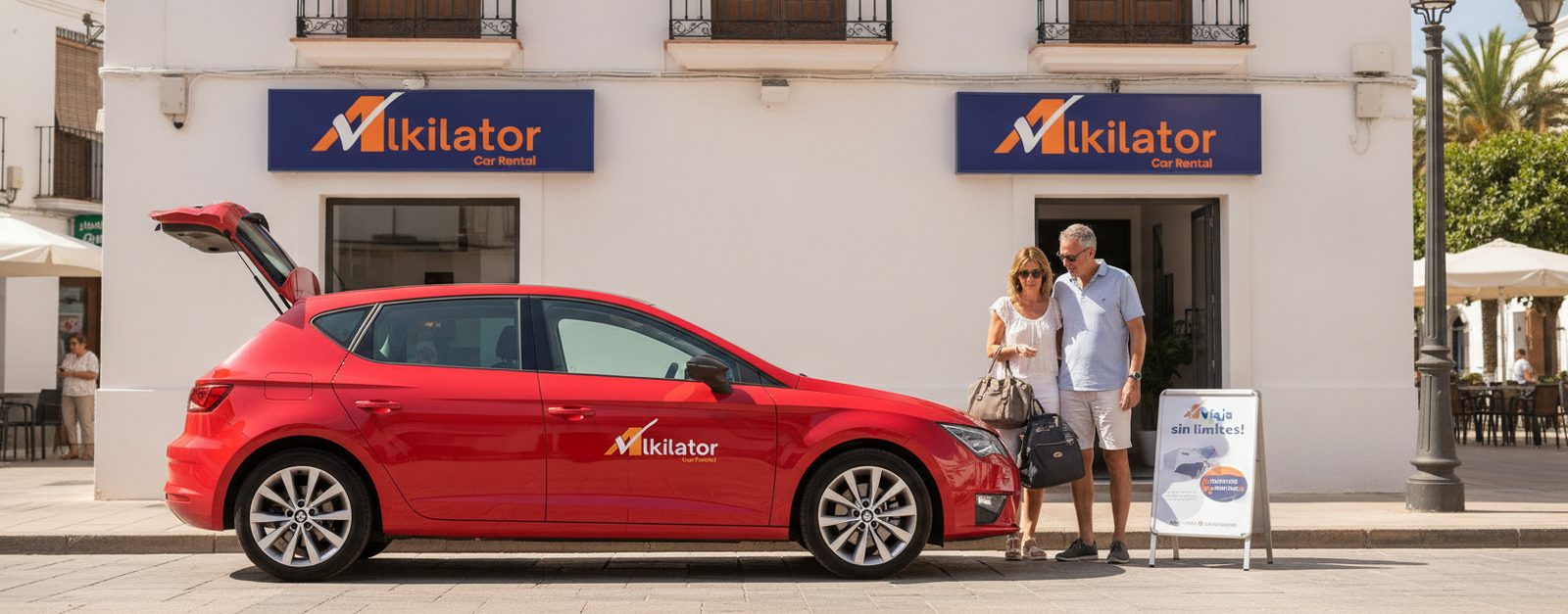 Clientes con maletas junto a una oficina de Alkilator en la costa, listos para cargar el equipaje en su coche de alquiler
