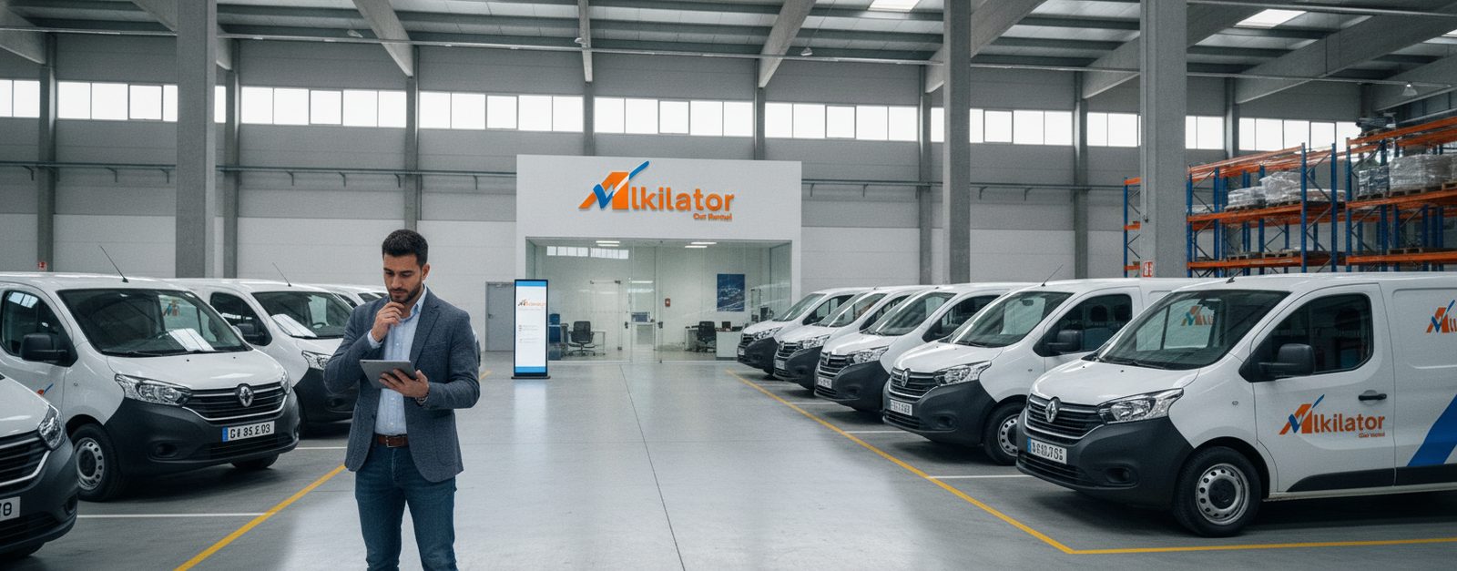 Emprendedor revisando con una tablet una pequeña flota de furgonetas blancas de alquiler en una nave logística en España