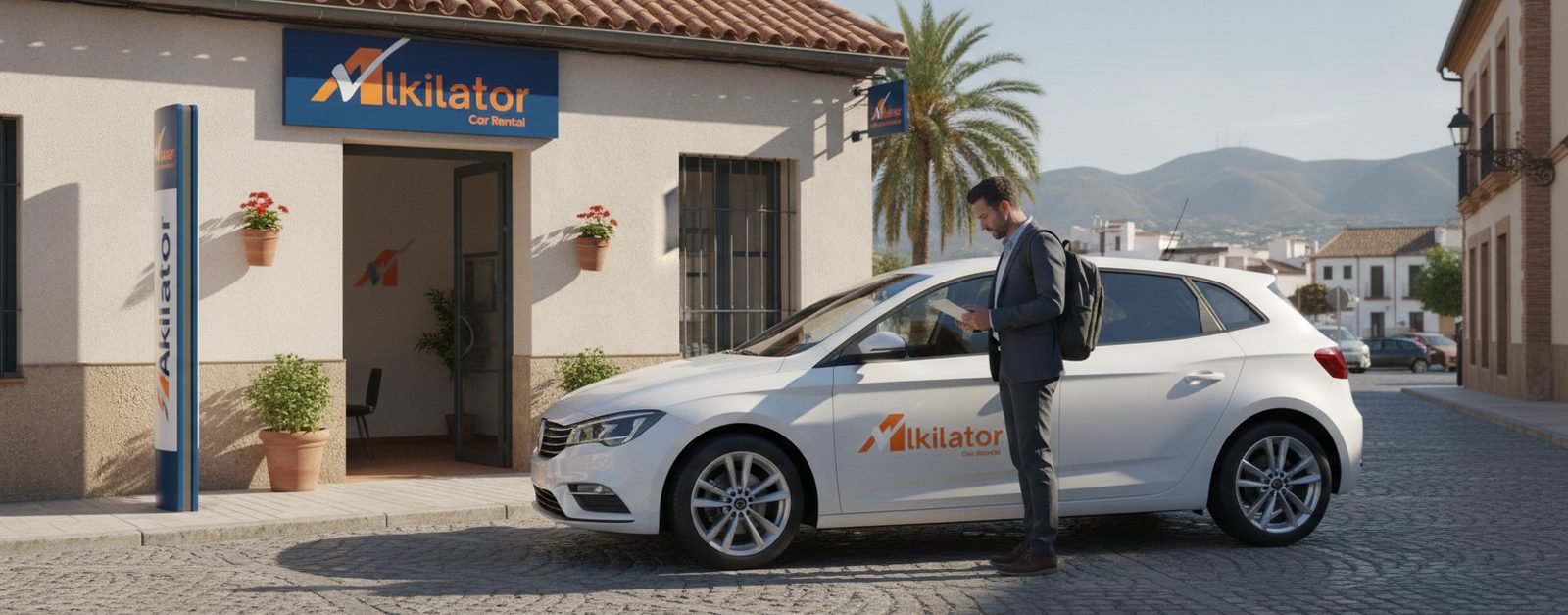 Cliente revisando la factura del alquiler de un coche de Alkilator en el mostrador de la oficina antes de recoger las llaves
