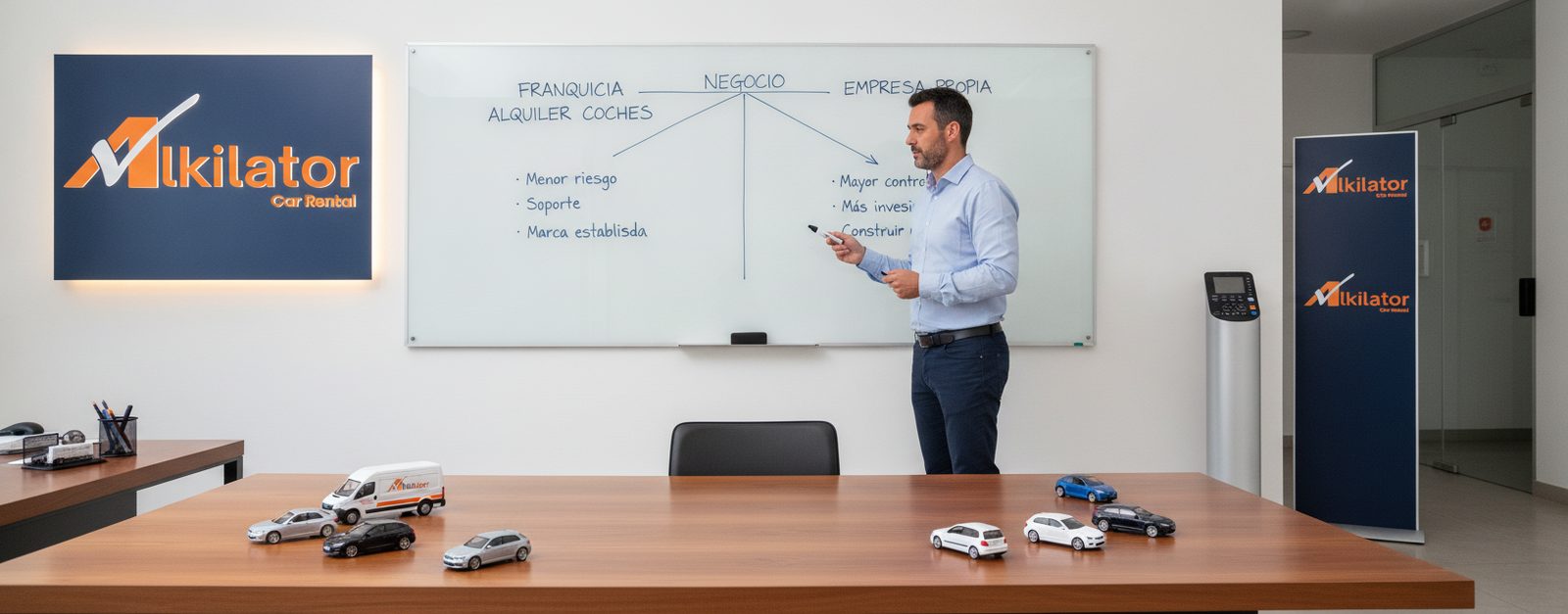 Emprendedor en oficina moderna analizando en una pizarra dos modelos de negocio de rent a car: franquicia y empresa propia, con miniaturas de coches sobre la mesa